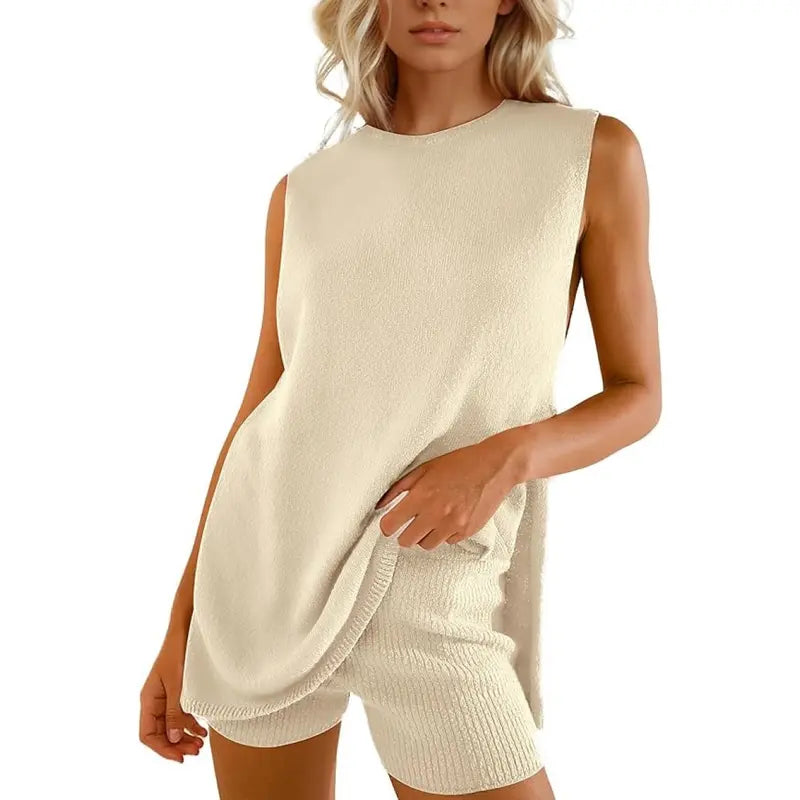 SummerVibes Women's 2 Piece Outfits Summer Knit Sweater Set Sleeveless Tunic Top Matching Shorts Trendy Beach Vacation Sets