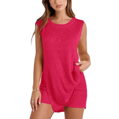SummerVibes Women's 2 Piece Outfits Summer Knit Sweater Set Sleeveless Tunic Top Matching Shorts Trendy Beach Vacation Sets