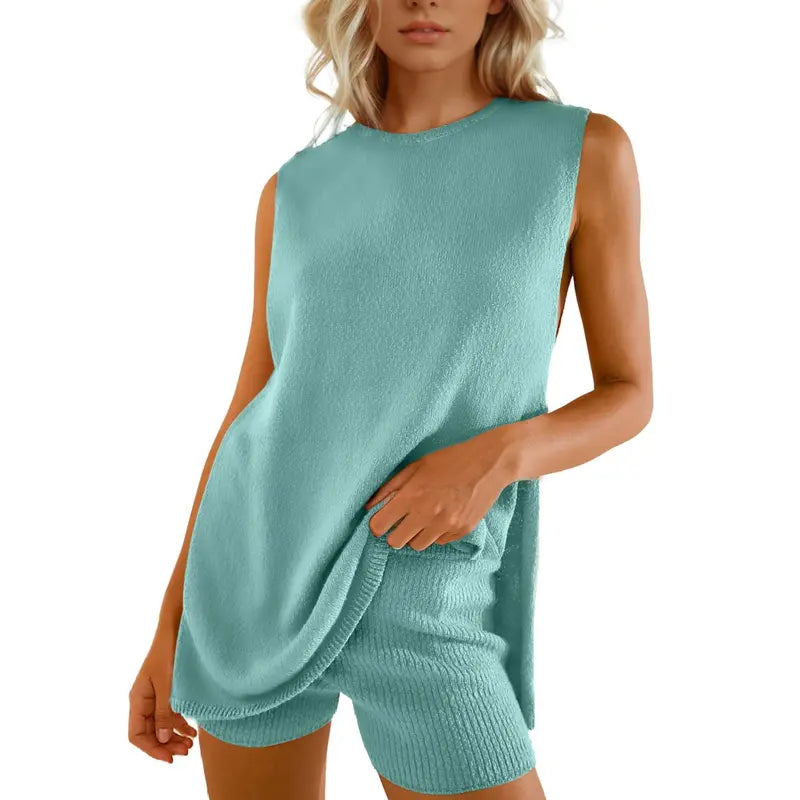SummerVibes Women's 2 Piece Outfits Summer Knit Sweater Set Sleeveless Tunic Top Matching Shorts Trendy Beach Vacation Sets
