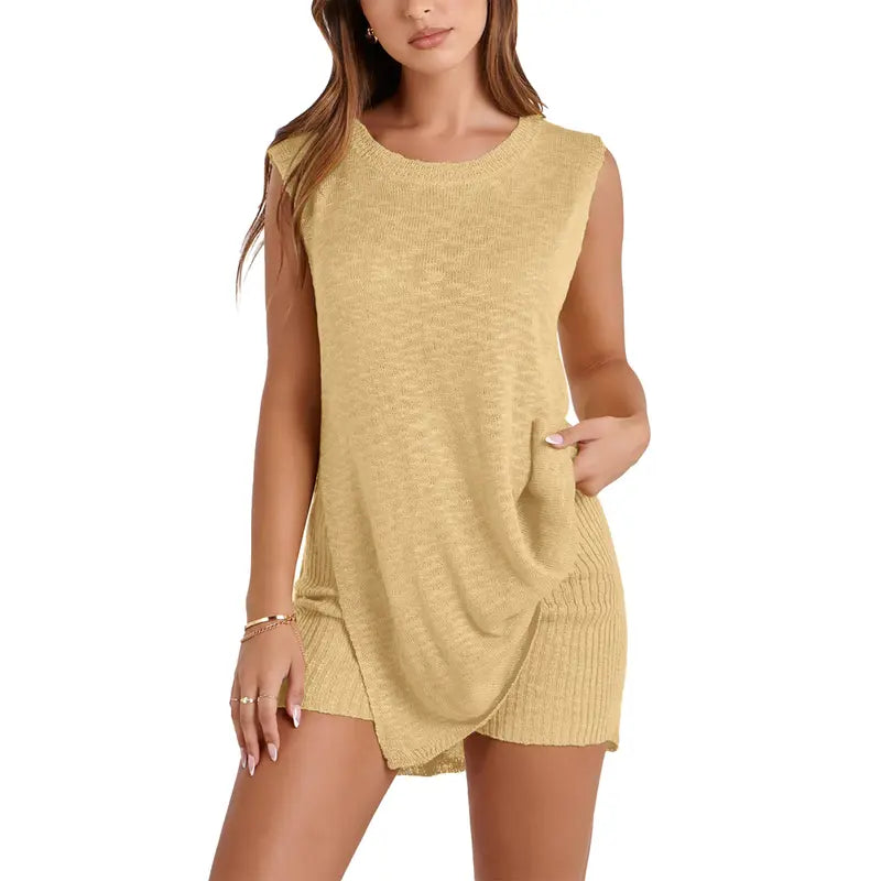 SummerVibes Women's 2 Piece Outfits Summer Knit Sweater Set Sleeveless Tunic Top Matching Shorts Trendy Beach Vacation Sets