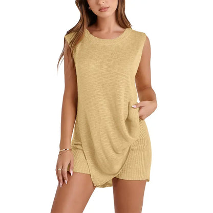 SummerVibes Women's 2 Piece Outfits Summer Knit Sweater Set Sleeveless Tunic Top Matching Shorts Trendy Beach Vacation Sets